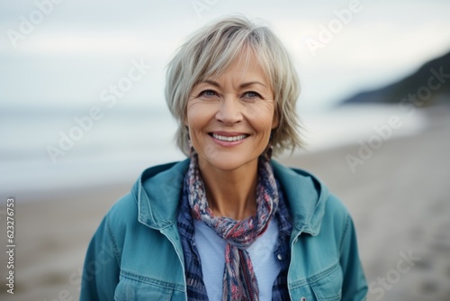 Portrait of smiling senior woman standing on beach in autumnal day