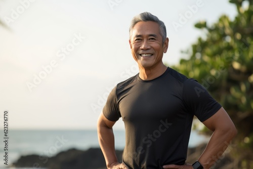 Portrait of happy senior Asian man smiling and looking at camera while standing on beach