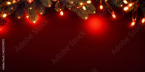 Red Christmas baubles decoration on red background. New Year party background. Minimal style. Flat lay.