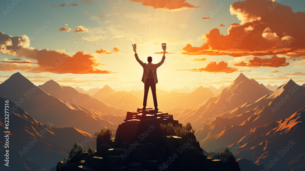 Businessman Holding Trophy on top of the mountain with Sunset Sky. Business success concept