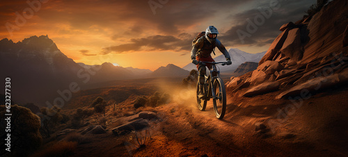 Cyclist Riding Bicycle on Mountain Trail. Sunset Mountain Ride