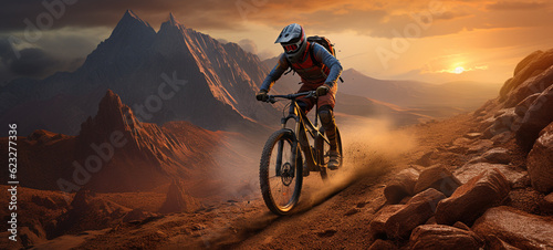 Cyclist Riding Bicycle on Mountain Trail. Sunset Mountain Ride © Lee John