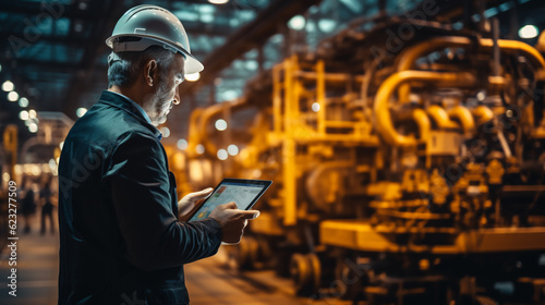 Factory engineer hold tablet. Smart industry control concept