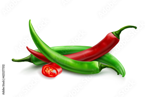 3d red and green chili vector concept Full Vector
