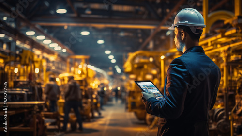 Factory engineer hold tablet. Smart industry control concept