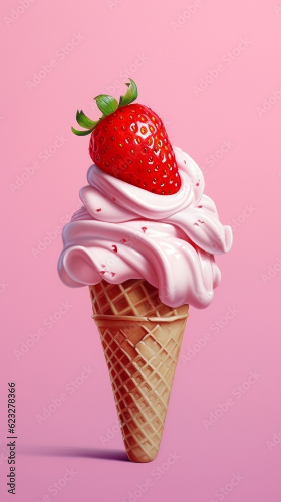 Ice cream cone waffle with strawberry topping background. AI Generated Ice cream cone waffle with strawberry topping background. AI Generated