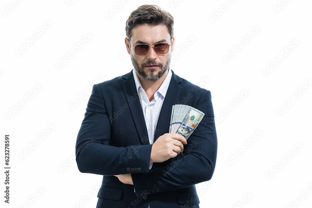Dollar cash money concept. Portrait business man holding cash dollar bills on white. Big luck. Business man with dollar money. Rejoices to win business. Business man hold cash money. Financial success