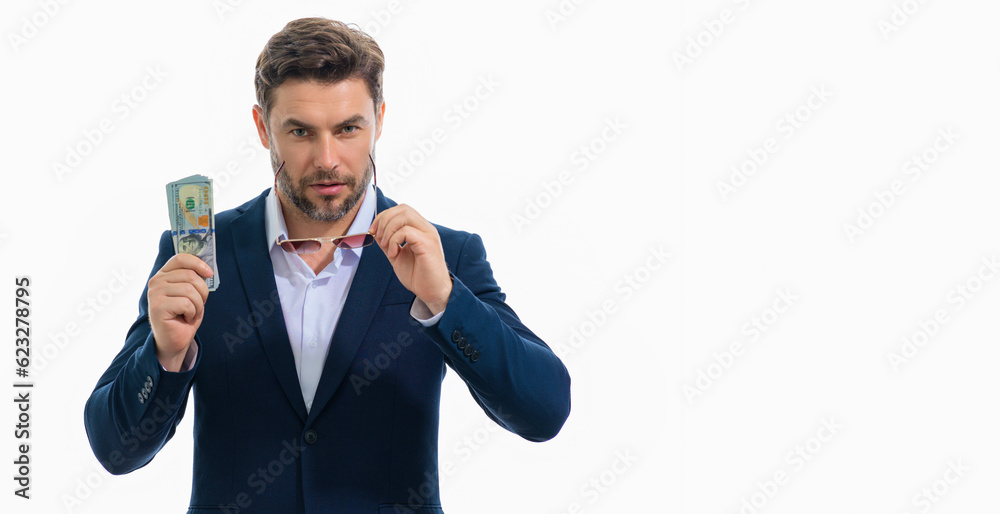 Business man with money banknotes. Male entrepreneur with dollar bills. Lucky boss, insurance agent, manager. Freelancer with cash. Mock up, for white banner with copy space. Business man with money banknotes. Male entrepreneur with dollar bills. Lucky boss, insurance agent, manager. Freelancer with cash. Mock up, for white banner with copy space.