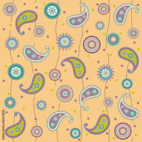 Seamless pattern, mandala, paisley and polka dot on orange background.