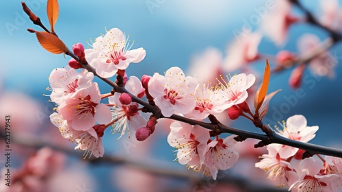 Beautiful floral spring abstract background of nature. Branches of blossoming apricot macro with soft focus on gentle light blue sky background.