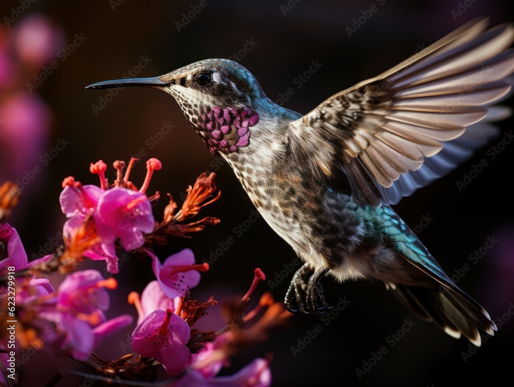 Fototapeta premium Anna's Hummingbird in flight with purple flower 
