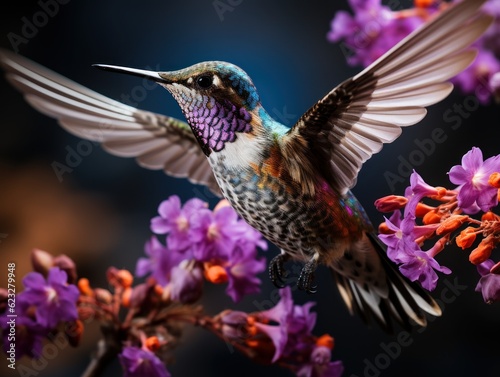 Anna s Hummingbird in flight with purple flower 