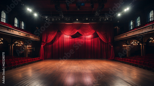 theater stage, with red curtain, wooden floor, chairs and lighting AI generative
