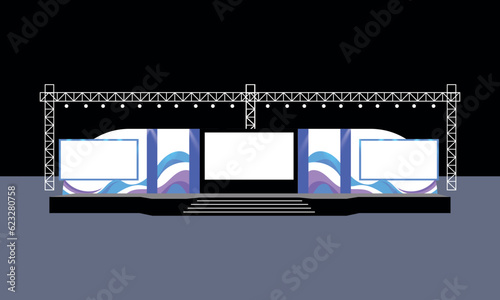 Event Stage design for business conferences, and corporate projects presentations, with slides on projection screens. truss and Light