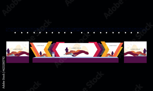 Event Stage design for business conferences, and corporate projects presentations, with slides on projection screens. truss and Light