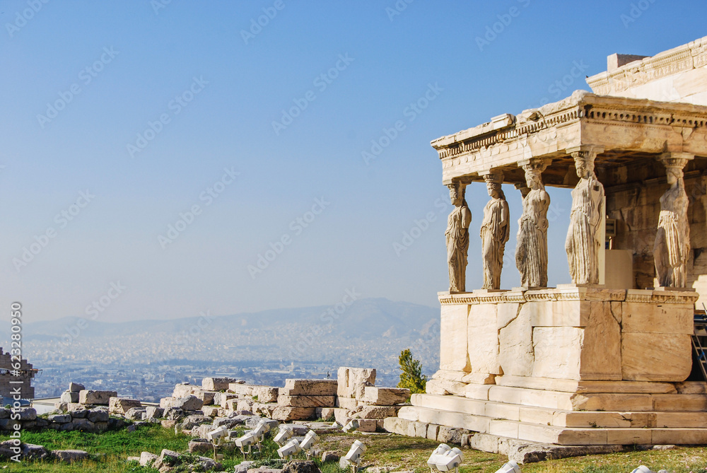 The Erechtheion or Temple of Athena Polias in Athens Acropolis, Caryatides of the Porch of the Maidens of ancient Greek Ionic temple-telesterion