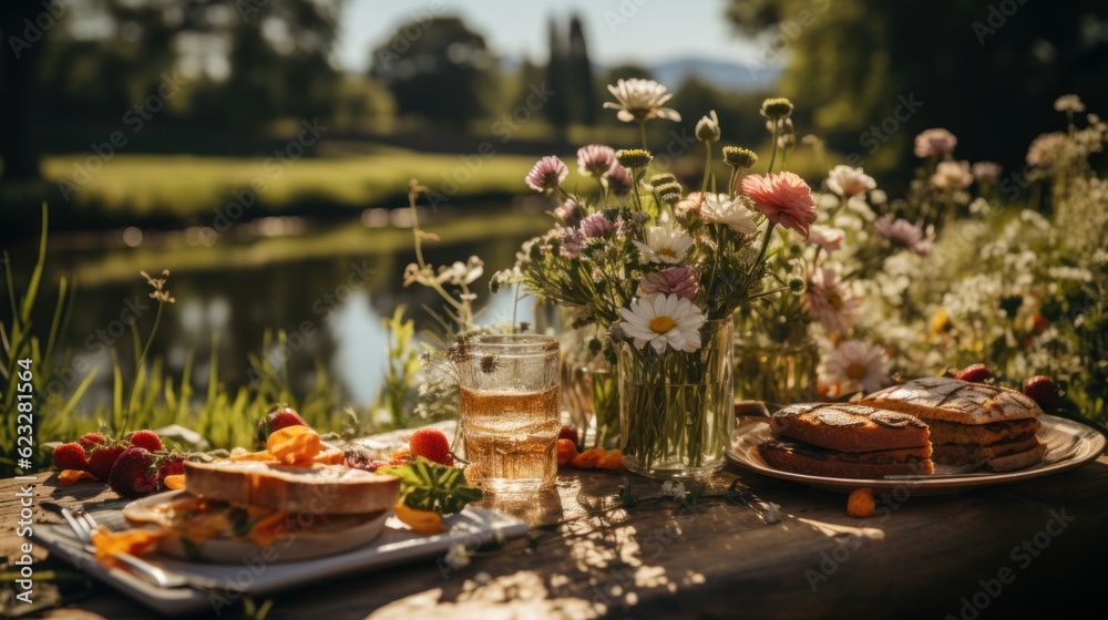 A joyful picnic in nature. Plenty of delicious food and good vibes A joyful picnic in nature. Plenty of delicious food and good vibes