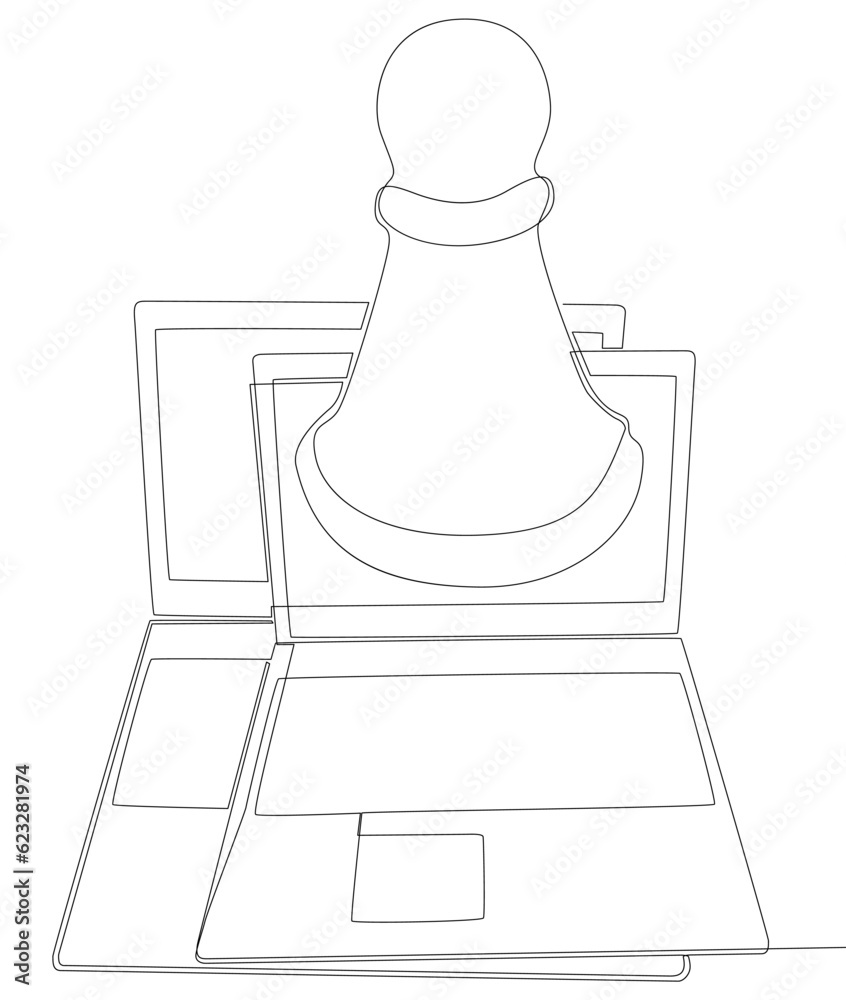 One continuous line of Laptop with pawn, chess piece. Thin Line Illustration vector concept. Contour Drawing Creative ideas.