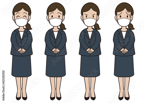 A young woman in a suit wearing a mask with her hands stacked in front of her, facial expression pattern