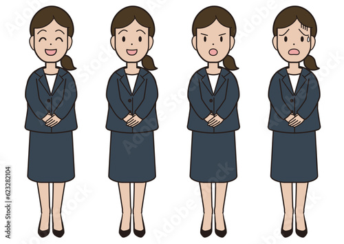 A young woman's expression pattern in a suit with her hands stacked in front