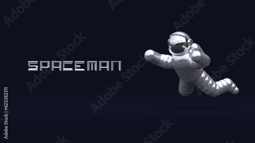 3D astronaut in a silver suit on a dark blue background with the inscription spaceman