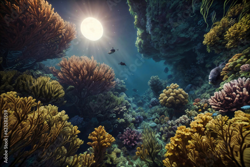 Undewater world landscape, reef, sea bottom with corals and seaweeds 