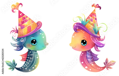 Colorful cute underwater Seahorse with birthday hat, birthday party celebration on white background