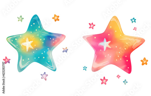 Watercolor birthday Stars on white background, holiday decorative elements, watercolor kids story books, magic fairy tail