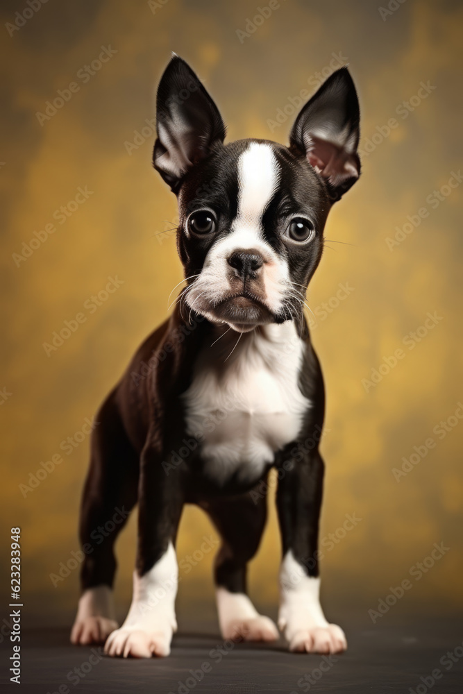 Very cute puppy Boston terrier in nature, national geography, Wide life animals. AI Generated.