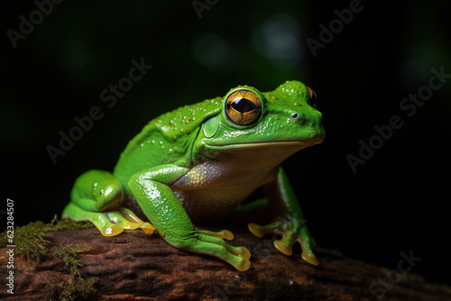 Image of green frog in nature forest. Amphibian. Illustration, Generative AI.