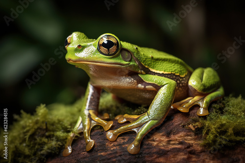 Image of green frog in nature forest. Amphibian. Illustration  Generative AI.