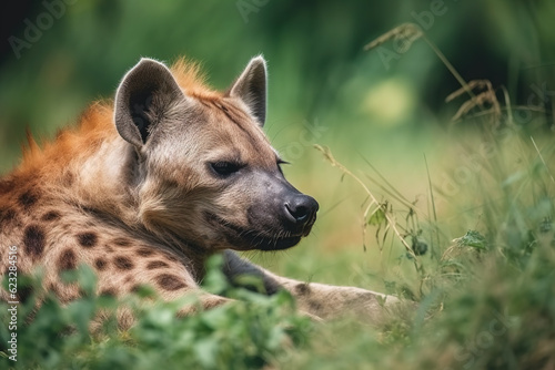 Image of hyena resting on green pasture grass on summer. Wildlife Animals. Illustration. Generative AI.