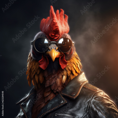 Image of rooster wore sunglasses and wore a black leather jacket on clean background. Farm animals. Illustration, Generative AI.