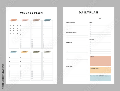 Weekly Plan .Minimalist planner template set. Vector illustration. 