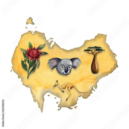 Travel Australia watercolor map with decorative elements koala, continent, kangaroo, telopea, waratah, baobab isolated on white. High quality illustration photo