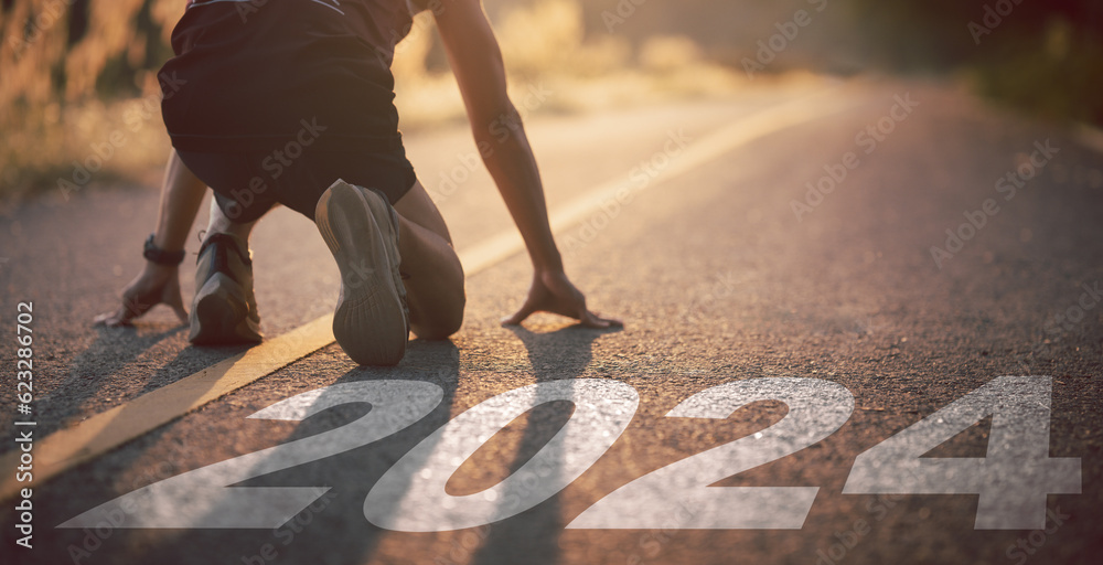 Runners take off. The readiness of leaders, vision and new ideas are beginning in 2024. Concept of Stepping into the new world and Adopt for Success in 2024 for new life. Starting to new year. 2024.	