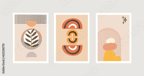 Three pastel posters set with abstract shapes, rainbows and circles vector illustration. Minimal Nordic art print with geometric elements. Abstraction design for background, wallpaper, card, wall art