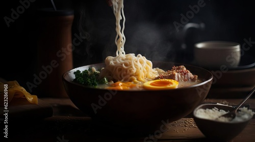 Close-Up Steaming Bowl of Ramen Photography AI Generated