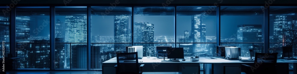 night time office space with row of working office table and work station unit modern interior office design,Generative AI night time office space with row of working office table and work station unit modern interior office design,Generative AI