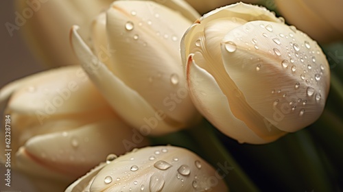 Creamy Tulips flowers with water drops background. Closeup of blossom with glistening droplets. Generative AI