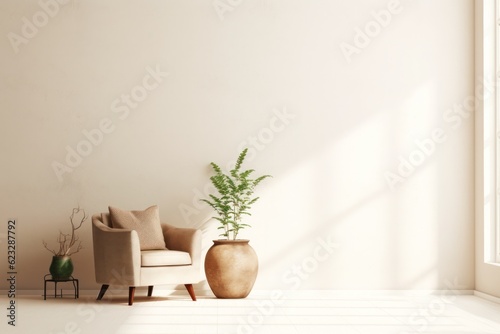 white spacious room in minimalist style with green plants.Generative AI