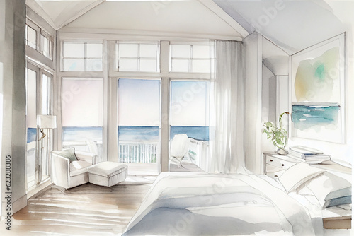 Coastal bedroom interior mockup  watercolor  social media post