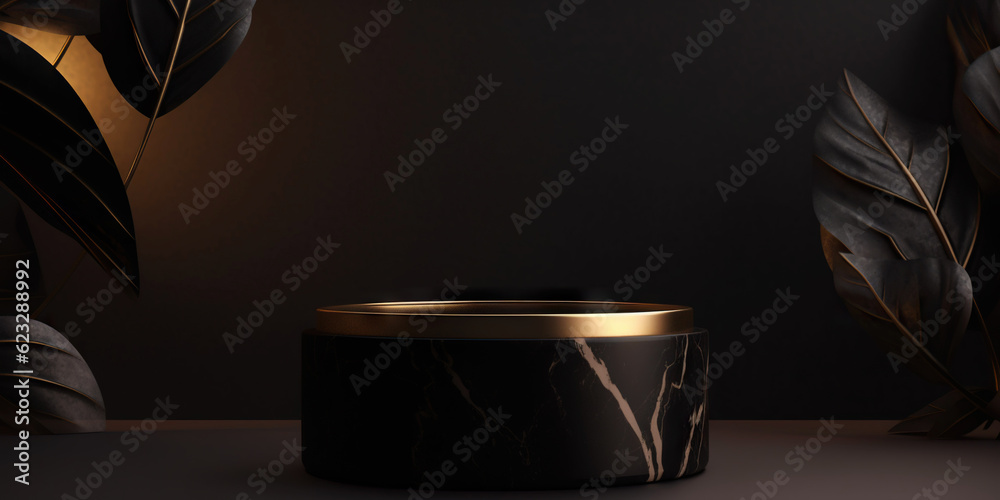 Podium made of black marble with gold, pedestal or platform. Advertising scene. Blank product stand. Generative AI