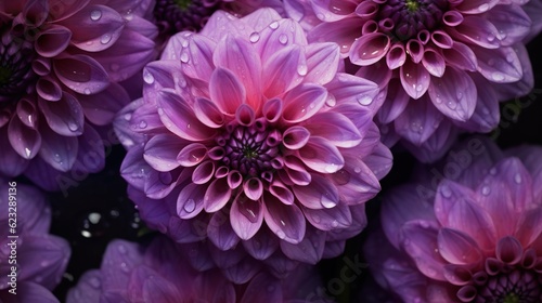 Purple Dahlia flowers with water drops background. Closeup of delicate blossom with glistening droplets. Generative AI