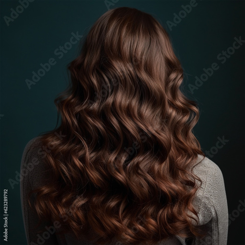 young woman with dark and curly hair .back view. Banner or poster. Social media content for beauty salons. Generative AI