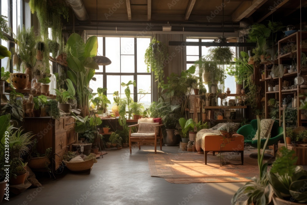Sunny spacious room with high windows and lush greenery inside. green shelter. Generative AI. Sunny spacious room with high windows and lush greenery inside. green shelter. Generative AI.