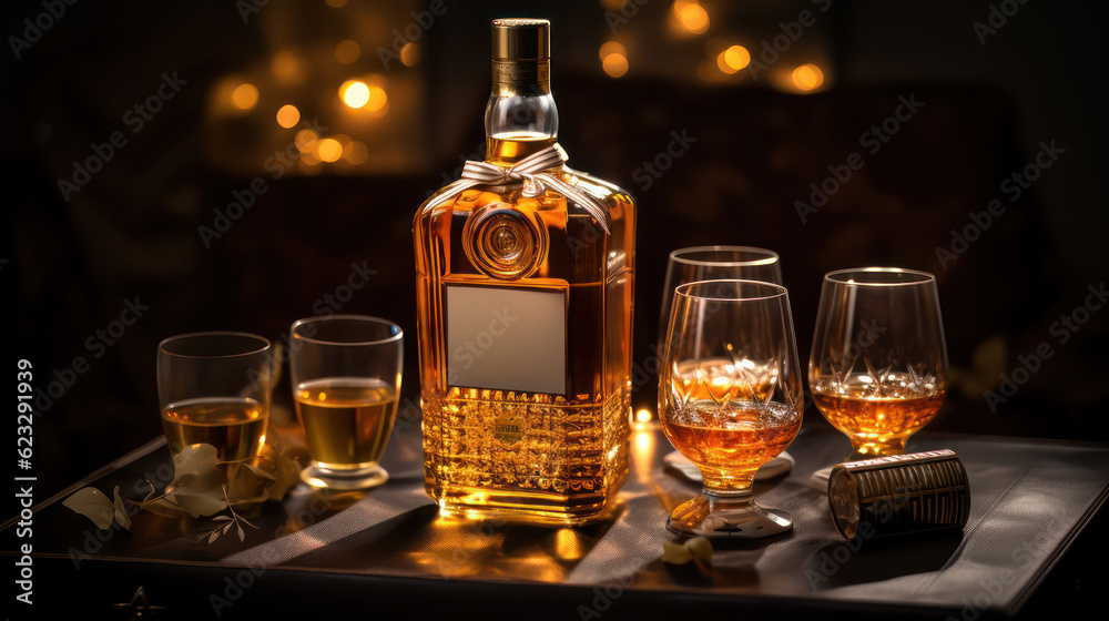 Premium whiskey bottle mockup. Strong alcohol drink stand on background with glass and decorative elements. Beverage product marketing advertisement poster, Ads promo, ad banner. Generative AI Premium whiskey bottle mockup. Strong alcohol drink stand on background with glass and decorative elements. Beverage product marketing advertisement poster, Ads promo, ad banner. Generative AI