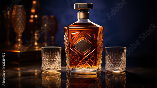 Premium whiskey bottle. Strong alcohol drink stand on background with glass and decorative elements. Beverage product marketing advertisement poster, Ads promo, ad banner. Generative AI photo