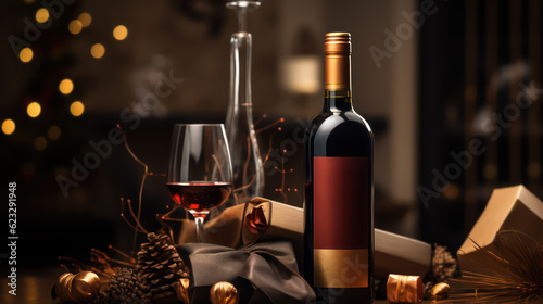 Premium wine bottle mockup. Alcohol wine drink stand on background with wine glass and decorative elements. Beverage product marketing advertisement poster, Ads promo, ad banner. Generative AI photo