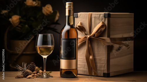 Premium wine bottle and packaging mockup. Alcohol wine drink stand on background with wine glass and decorative elements. Beverage product marketing advertisement poster, Ads promo. Generative AI photo